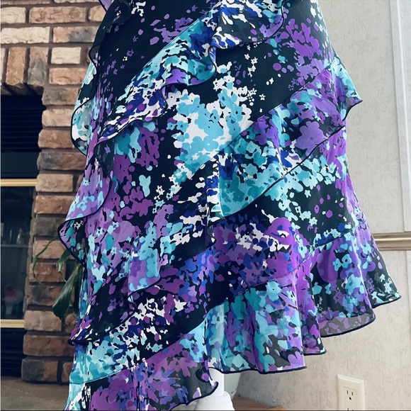 SL Fashions Purple Turquoise Floral Asymmetric Capelet mini Dress Chiffon Sz 6 - Picture 3 of 9
